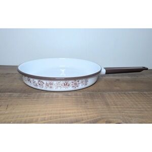 Vtg 70s White Enamel Skillet Brown Floral Pattern Retro Frying Pan MCM 10"